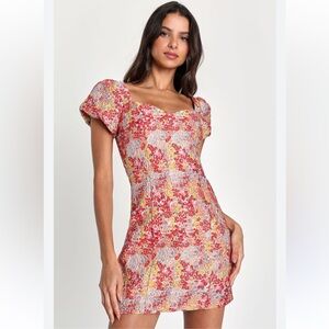 Lulus Sweetest Essence Blush Floral Jacquard Puff Sleeve Mini Dress Women Size L
